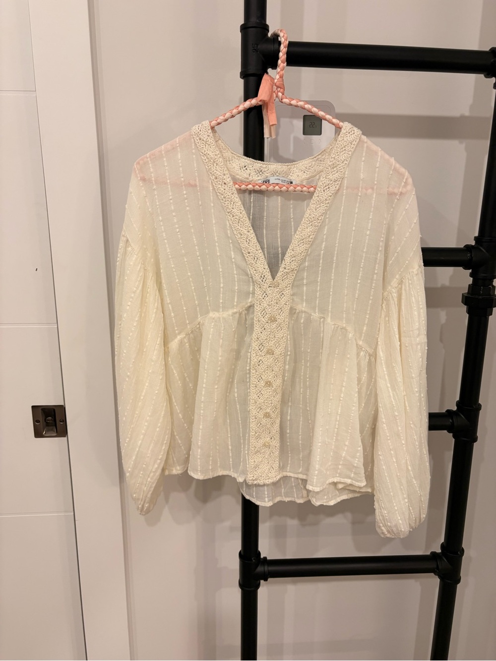 Zara Cream Crochet-Trim V-Neck Peasant Blouse - Women